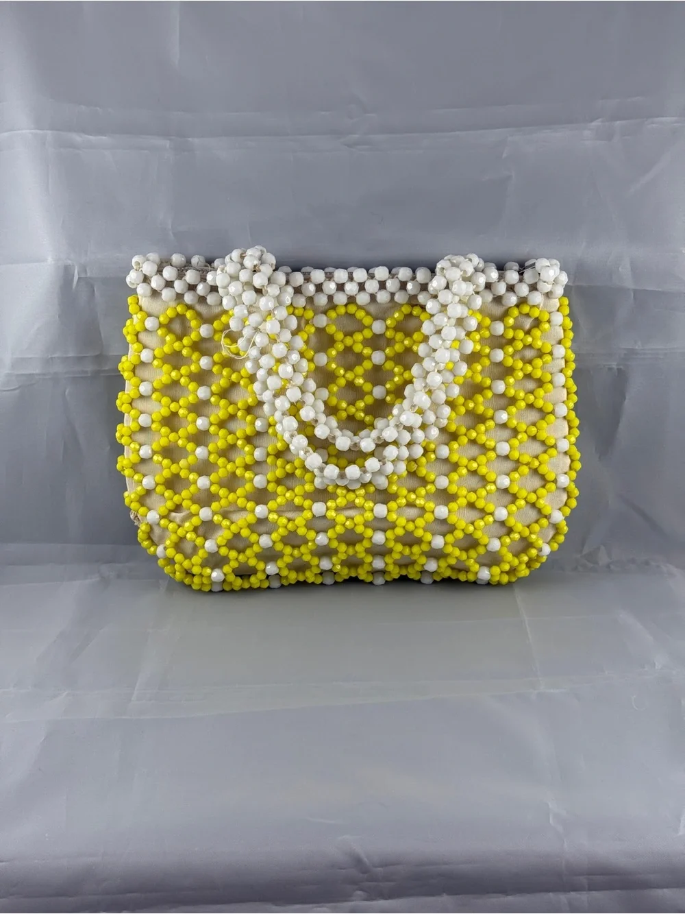 Handmade Yellow & White Beaded Clutch with Beaded Wristlet Strap